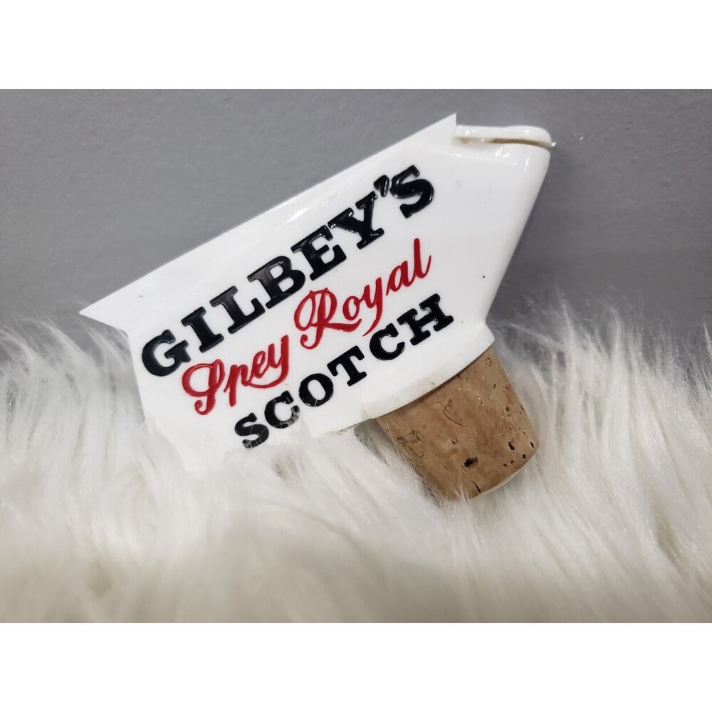 GILBEY'S ROYAL SCOTCH LIQUOR white and red PLASTIC SHOT POURER vintage decor